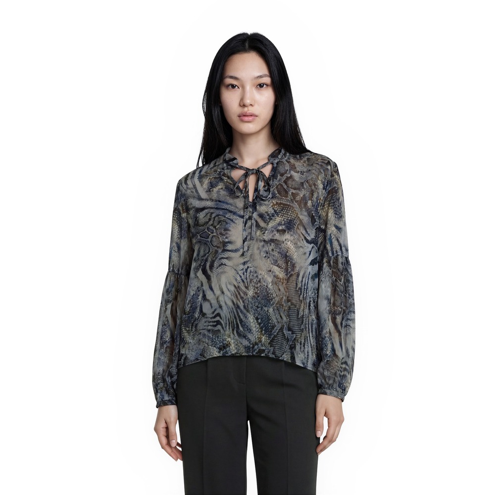 Karen Kane Blouse Top Women's Size Medium Blue Gray Animal Print Tie V Neck L/S